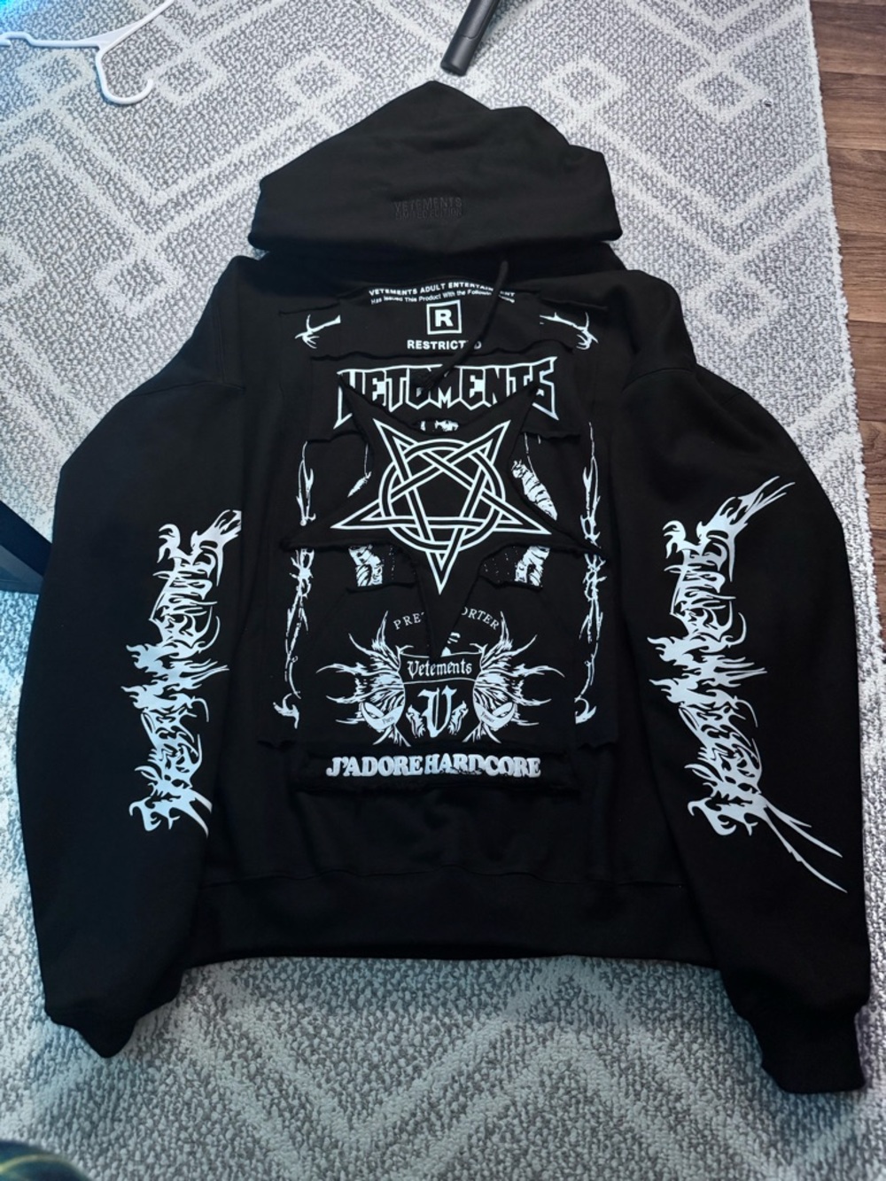 Vetements Black Hoodie with White Gothic Crest and Star